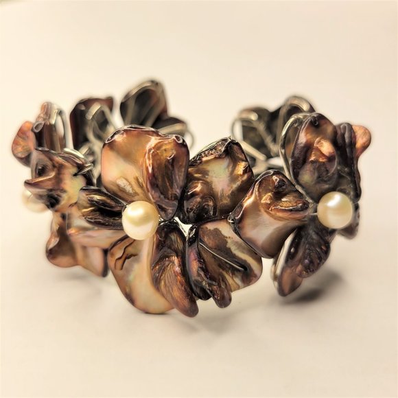 Golden Brown Cuff Bracelet with Freshwater Pearls and Mother Of Pearl - NEW - Picture 7 of 15